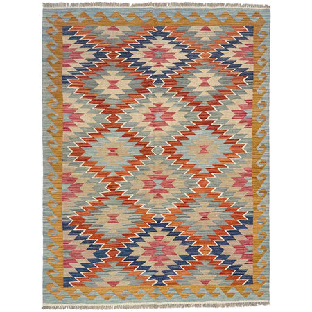 Multi Color ful Flat-Weave Wool Kilim 5' 0" x 6' 9" ft / 152 x 205 cm - No. Y39209