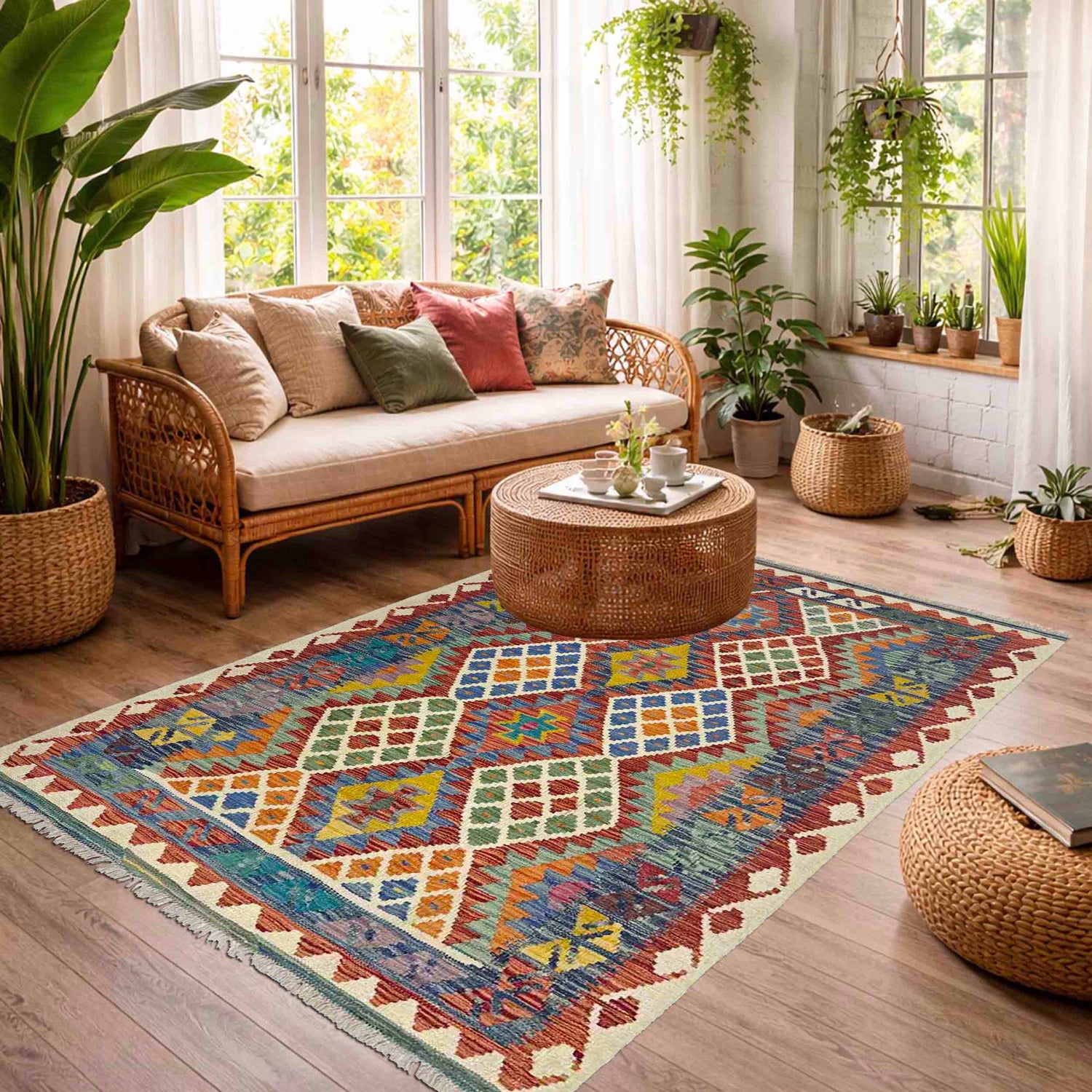 Handmade Afghan Vegetable Kilim 4' 1" x 6' 0" ft / 125 x 182 cm - No. Y39213