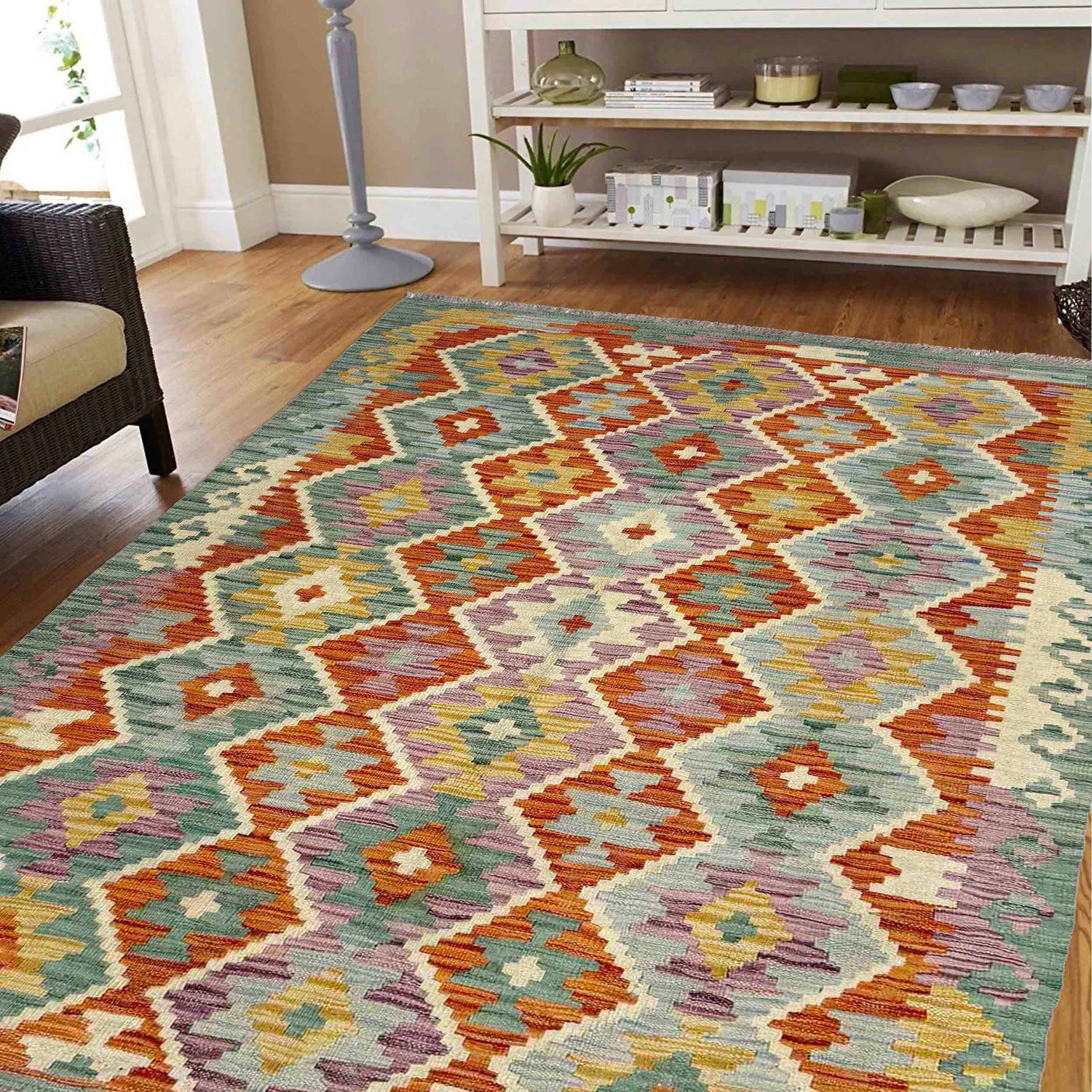 Hand Knotted Flatweave Kilim 4' 0" x 5' 11" ft / 123 x 180 cm - No. Y39215