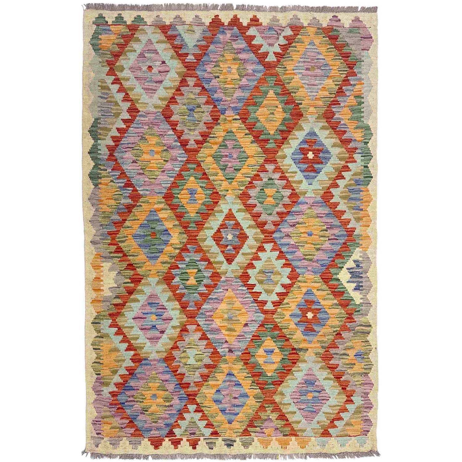 Multi Color ful Flat-Weave Wool Kilim 3' 11" x 5' 11" ft / 120 x 180 cm - No. Y39216