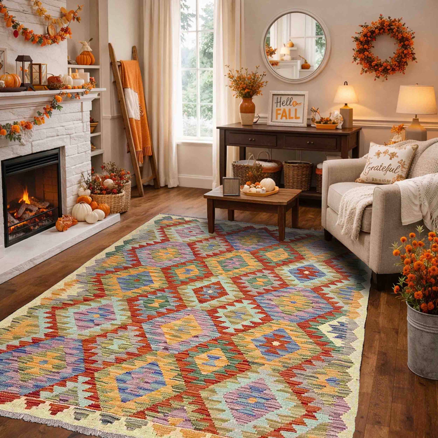 Multi Color ful Flat-Weave Wool Kilim 3' 11" x 5' 11" ft / 120 x 180 cm - No. Y39216