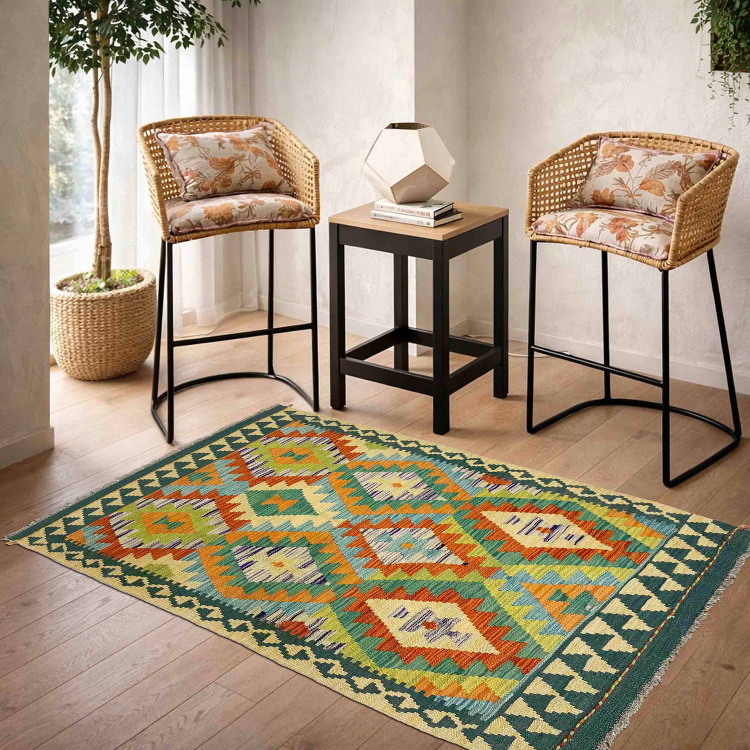 Handmade Afghan Vegetable Kilim 3' 3" x 5' 1" ft / 98 x 154 cm - No. Y39222