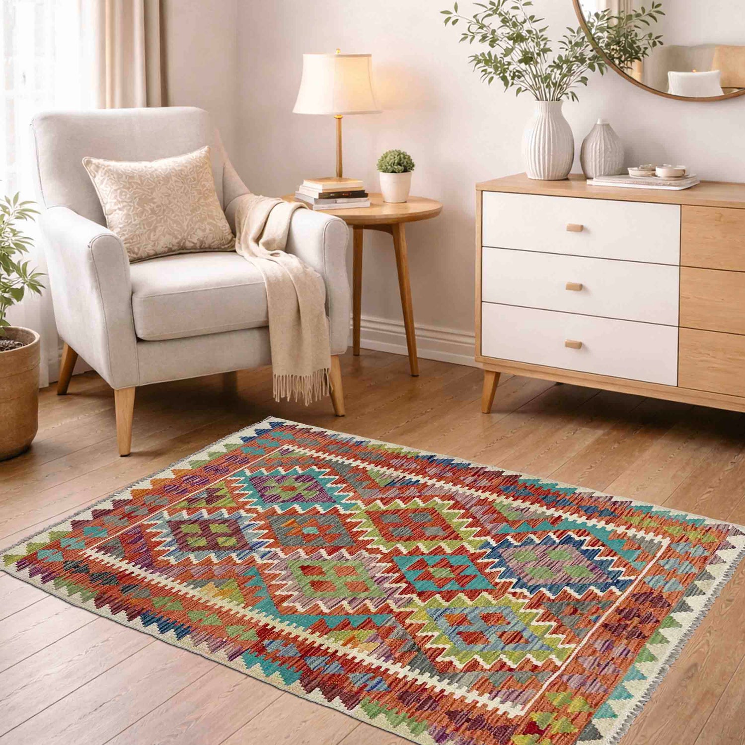 Hand Made Afghan Kilim 3' 5" x 4' 11" ft / 104 x 150 cm - No. Y39223
