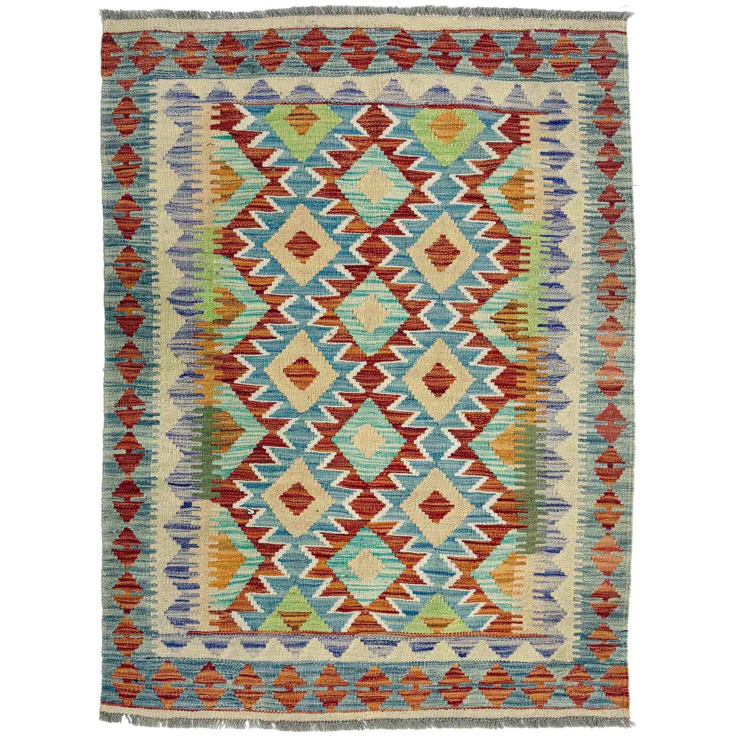 Multi Color ful Flat-Weave Wool Kilim 3' 4" x 4' 10" ft / 101 x 148 cm - No. Y39224