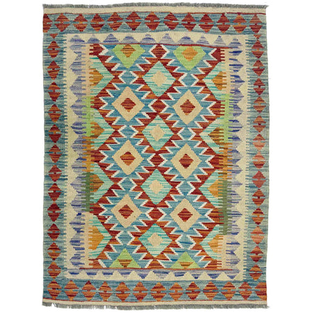 Multi Color ful Flat-Weave Wool Kilim 3' 4" x 4' 10" ft / 101 x 148 cm - No. Y39224