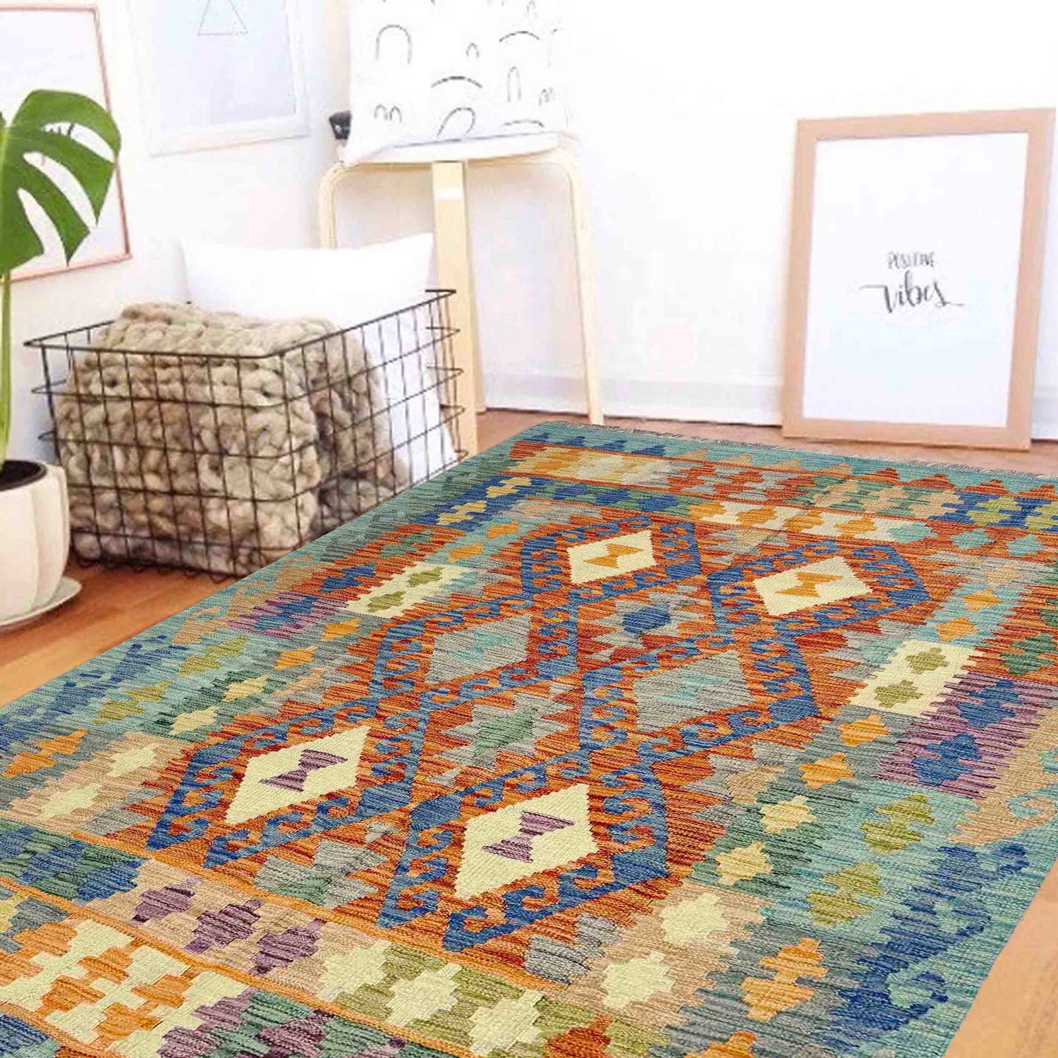 Handmade Turkish Design Wool Kilim 4' 11" x 6' 7" ft / 149 x 200 cm - No. Y39242