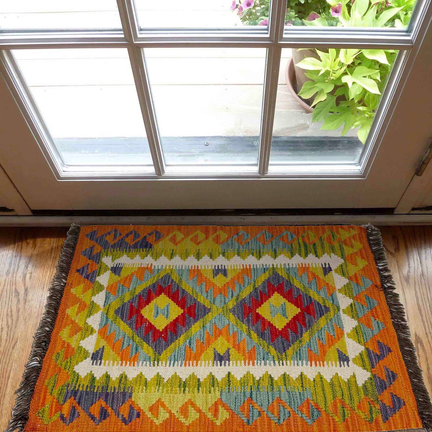 Multi Color ful Flat-Weave Wool Kilim 2' 1" x 2' 11" ft / 64 x 89 cm - No. Y39255