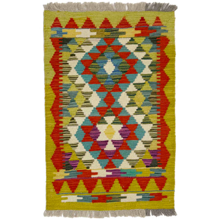 Multi Color ful Flat-Weave Wool Kilim 1' 11" x 2' 11" ft / 59 x 90 cm - No. Y39276