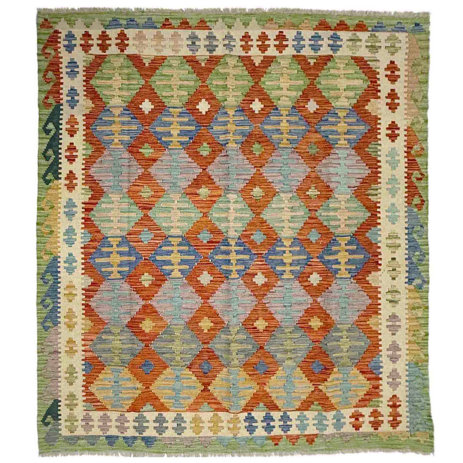 Multi Color ful Flat-Weave Wool Kilim 6' 0" x 7' 5" ft / 184 x 227 cm - No. Y39317