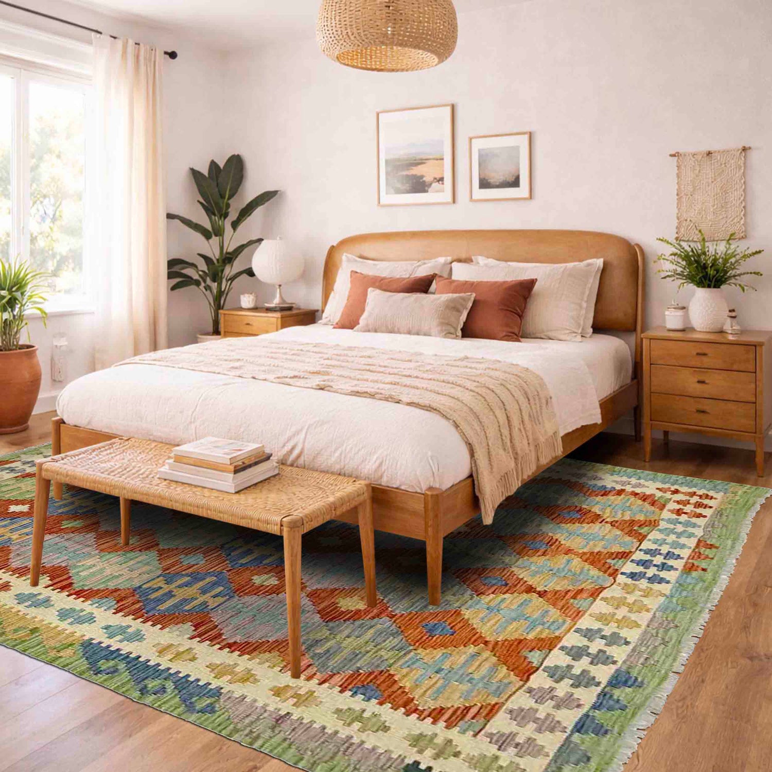 Multi Color ful Flat-Weave Wool Kilim 6' 0" x 7' 5" ft / 184 x 227 cm - No. Y39317
