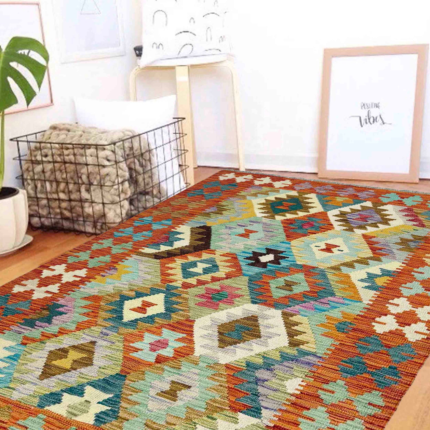 Handmade Afghan Vegetable Kilim 3' 11" x 6' 3" ft / 120 x 190 cm - No. Y39320