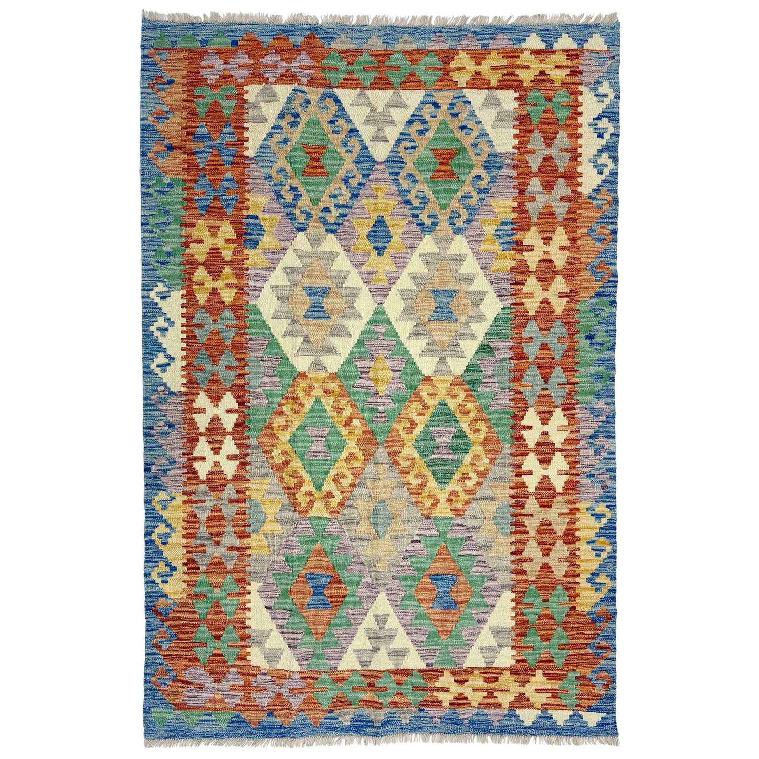 Multi Color ful Flat-Weave Wool Kilim 3' 11" x 6' 0" ft / 120 x 183 cm - No. Y39322