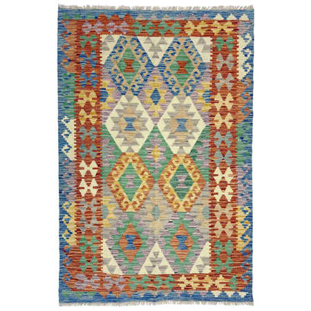 Multi Color ful Flat-Weave Wool Kilim 3' 11" x 6' 0" ft / 120 x 183 cm - No. Y39322