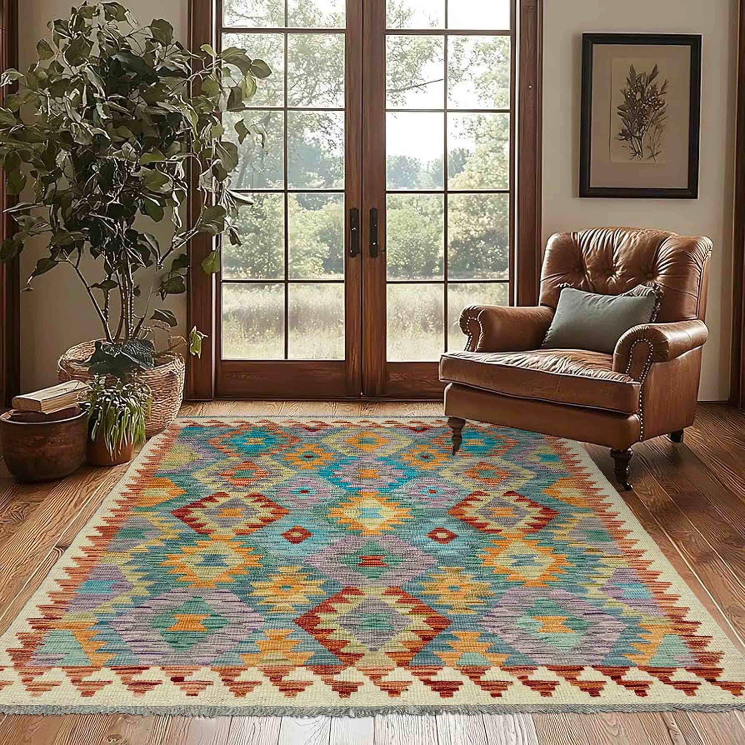 Handmade Vegetable Kilim 4' 0" x 5' 11" ft / 122 x 180 cm - No. Y39323