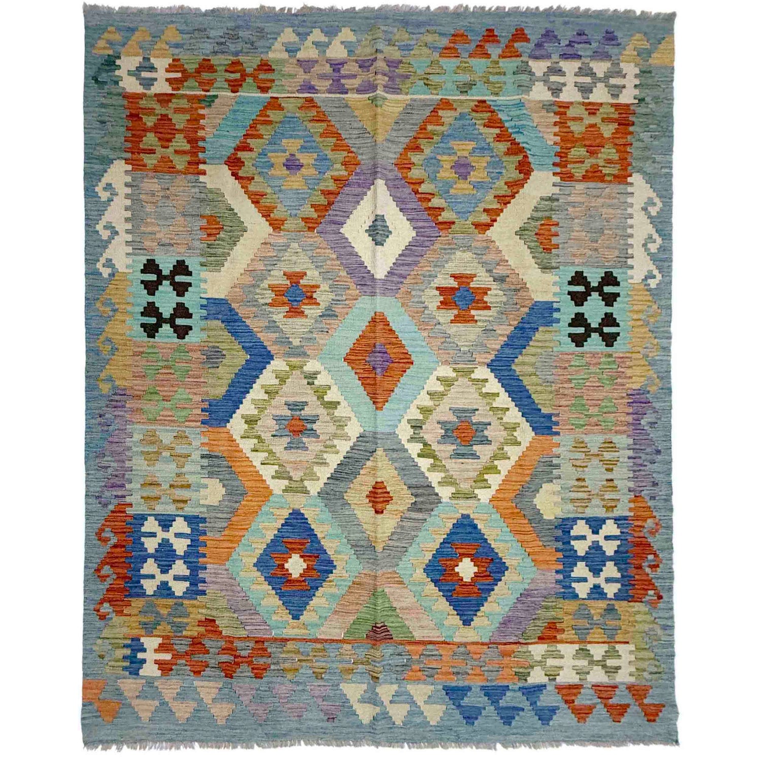 Multi Color ful Flat-Weave Wool Kilim 5' 10" x 7' 6" ft / 178 x 229 cm - No. Y39336