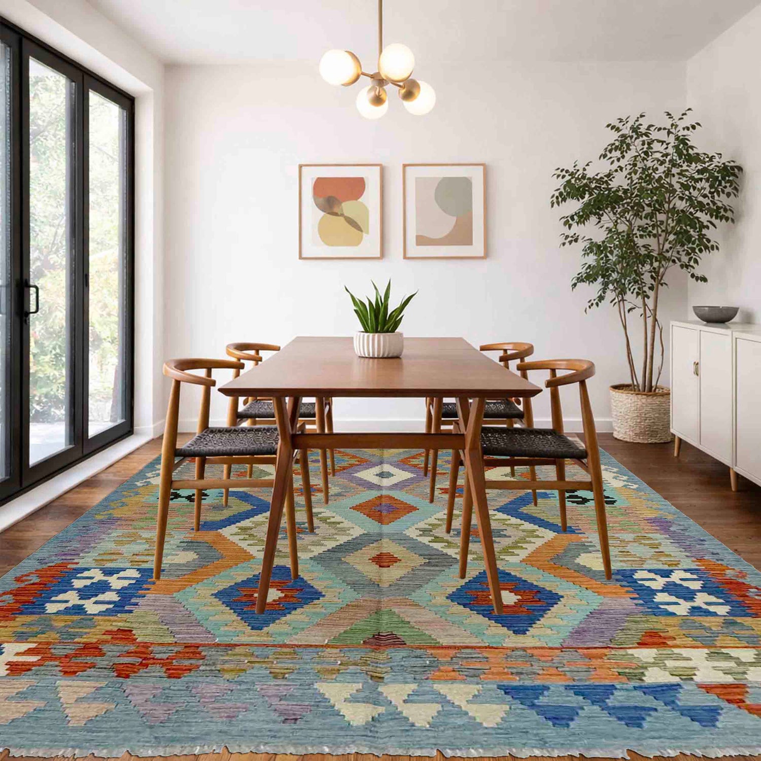 Multi Color ful Flat-Weave Wool Kilim 5' 10" x 7' 6" ft / 178 x 229 cm - No. Y39336