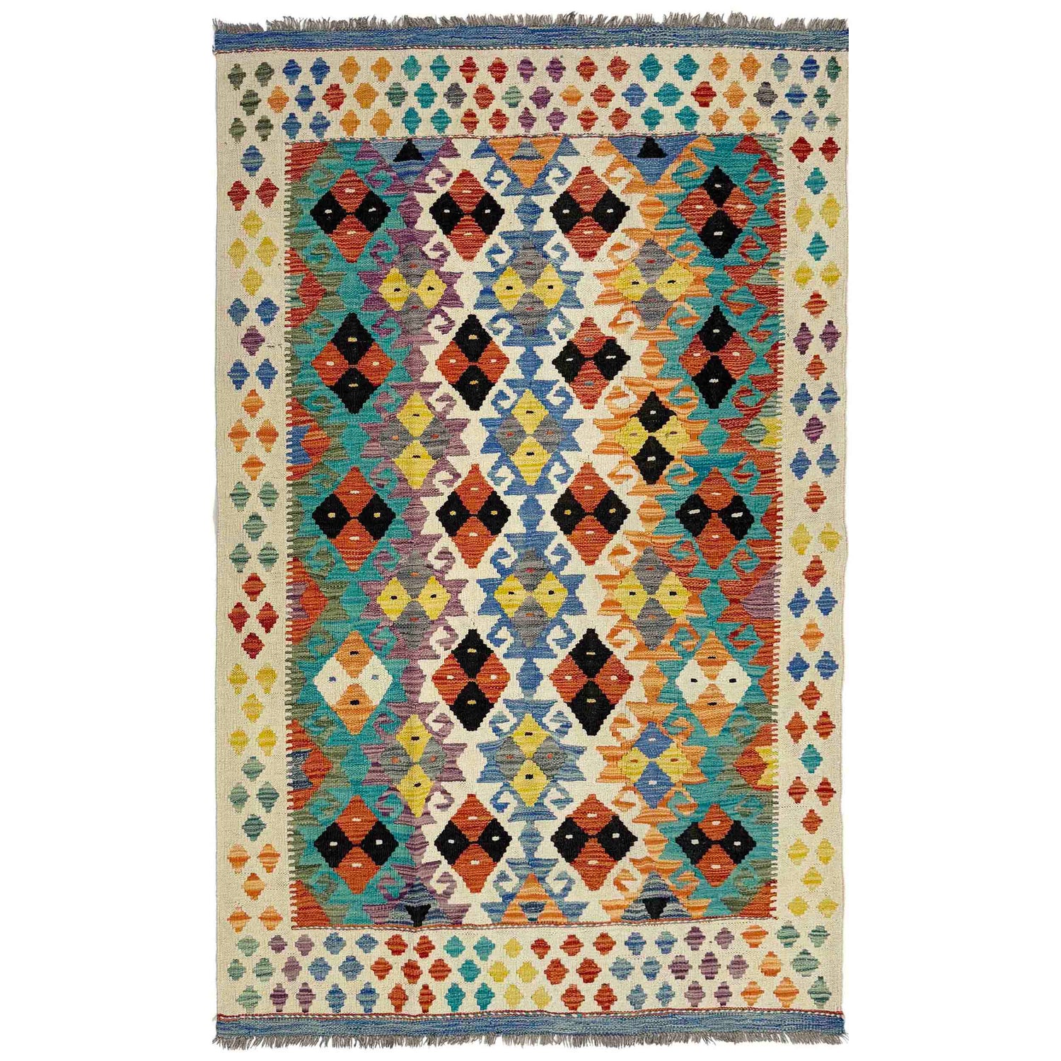 Handmade Turkish Design Wool Kilim 4' 2" x 6' 5" ft / 128 x 195 cm - No. Y39339