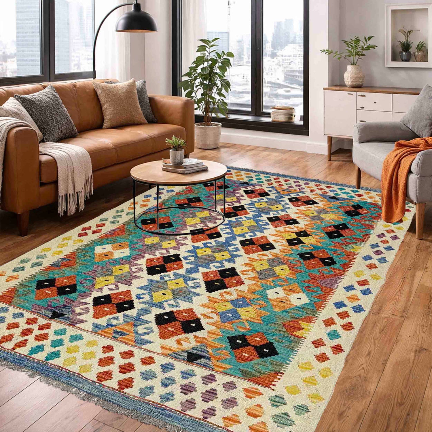 Handmade Turkish Design Wool Kilim 4' 2" x 6' 5" ft / 128 x 195 cm - No. Y39339