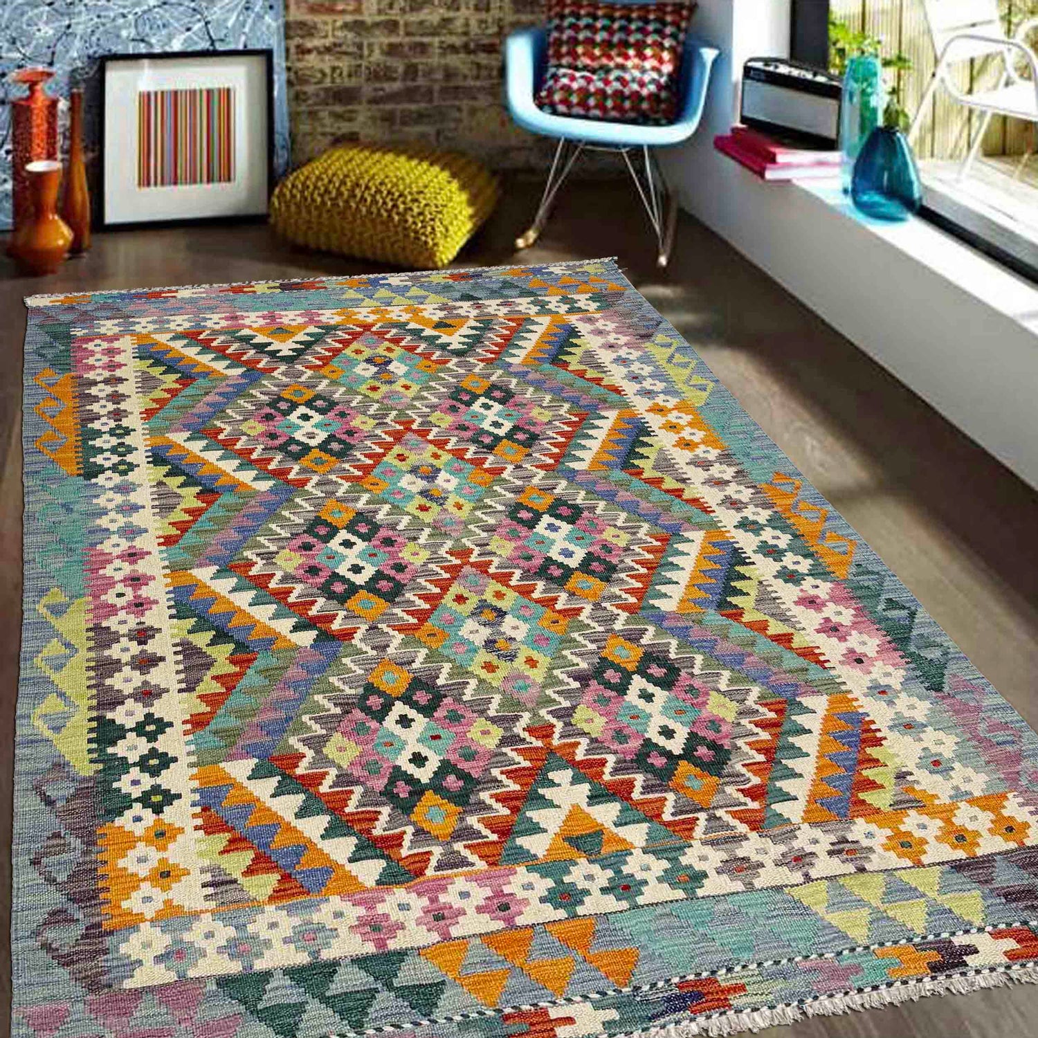 Hand Knotted Flatweave Kilim 4' 3" x 6' 3" ft / 130 x 191 cm - No. Y39345