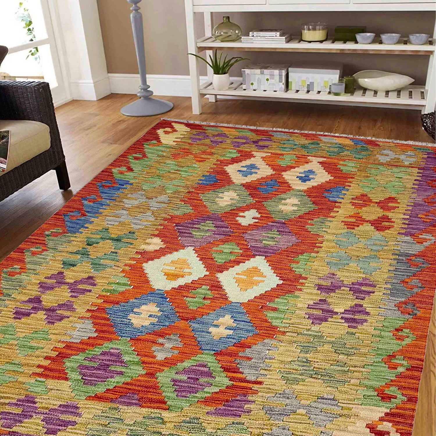 Handmade Afghan Vegetable Kilim 4' 2" x 5' 7" ft / 128 x 171 cm - No. Y39347