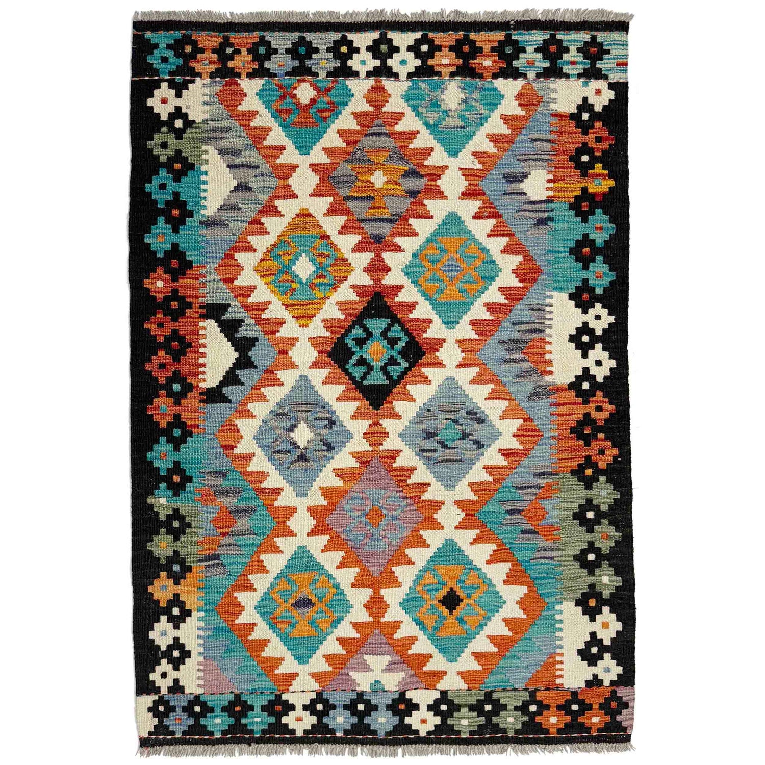 Multi Color ful Flat-Weave Wool Kilim 3' 3" x 5' 0" ft / 99 x 153 cm - No. Y39363