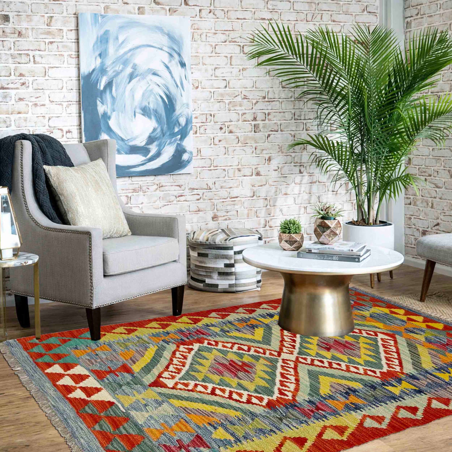 Hand Woven Wool Kelim 2' 7" x 4' 3" ft / 80 x 130 cm - No. Y39376