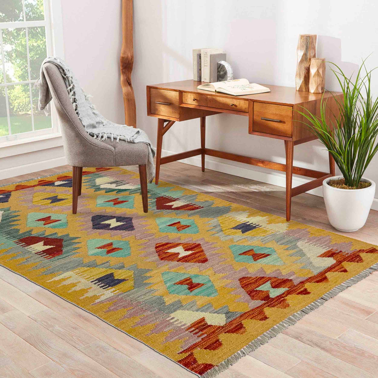 Hand Woven Wool Kelim 2' 10" x 4' 2" ft / 87 x 127 cm - No. Y39377