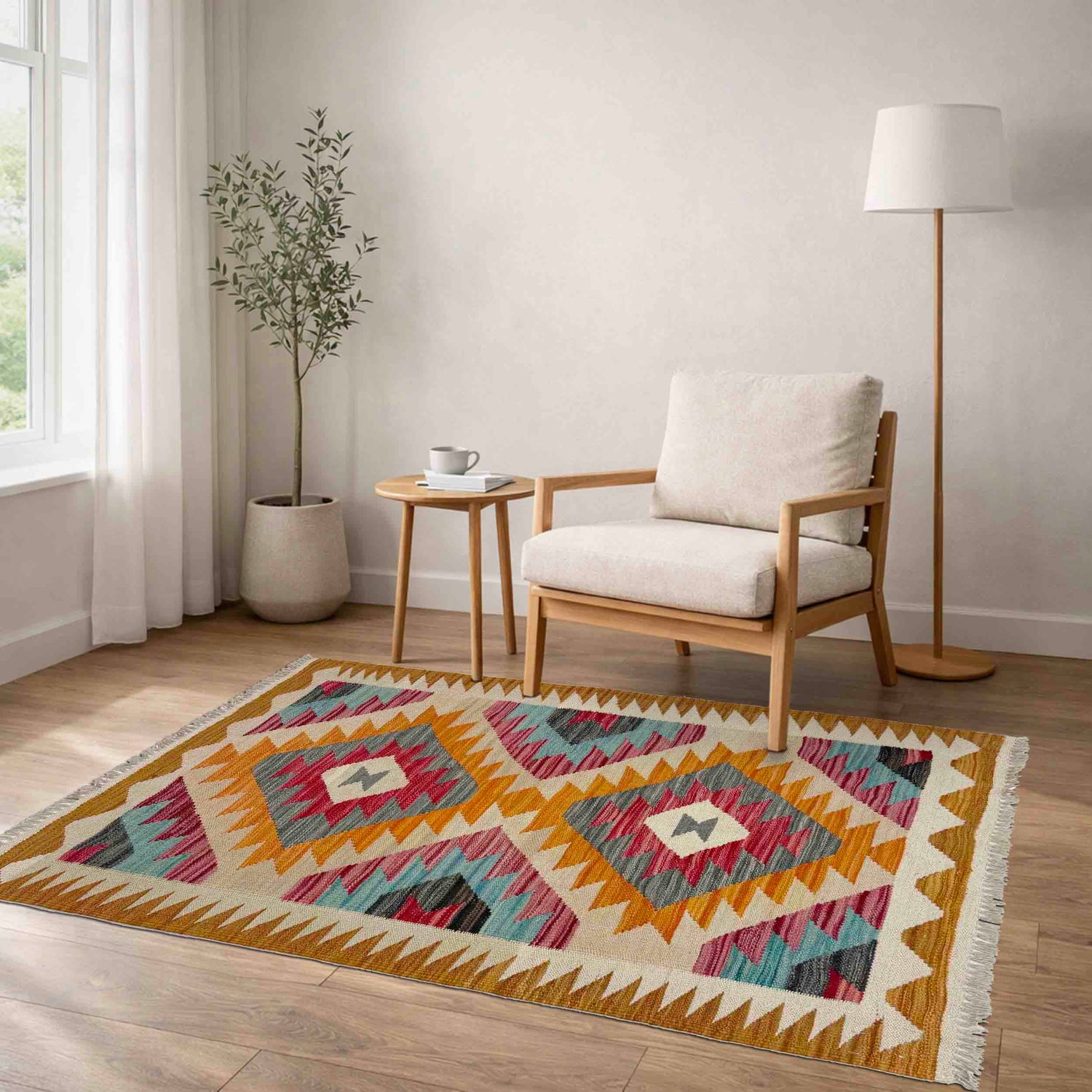 Multi Color ful Flat-Weave Wool Kilim 2' 7" x 3' 10" ft / 78 x 118 cm - No. Y39393