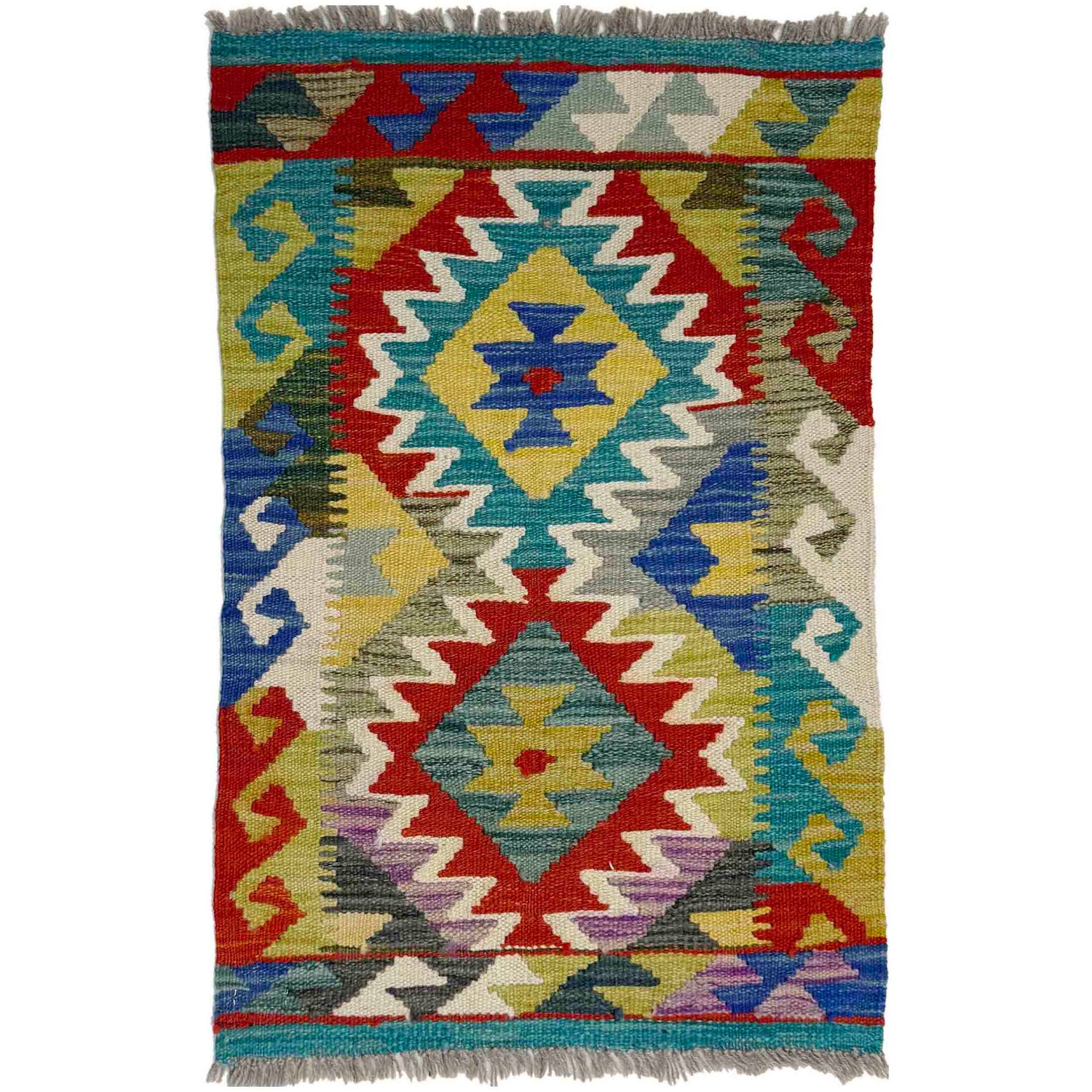 Multi Color ful Flat-Weave Wool Kilim 1' 10" x 2' 9" ft / 55 x 83 cm - No. Y39403