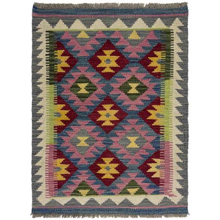 Multi Color ful Flat-Weave Wool Kilim 2' 1" x 2' 10" ft / 63 x 87 cm - No. Y39430