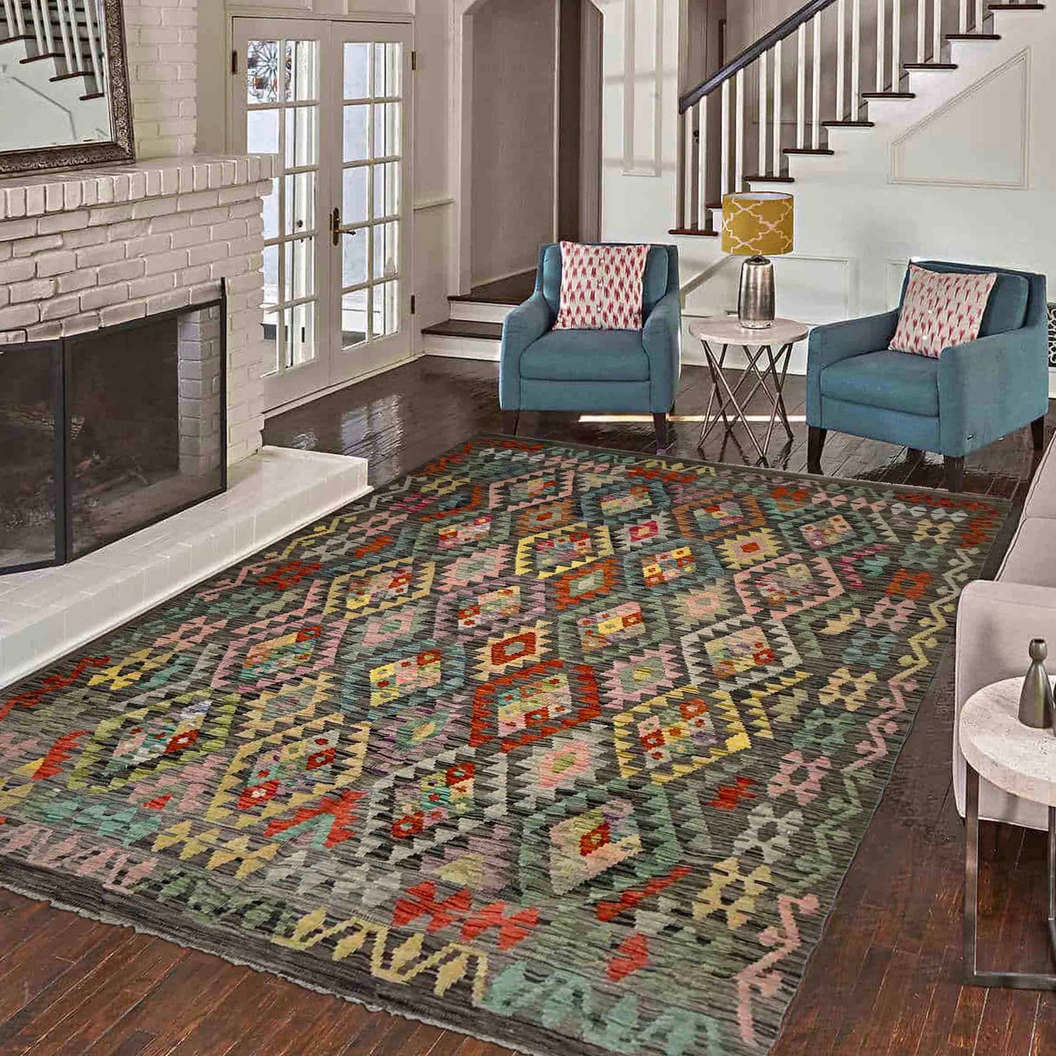 Hand Knotted Afghan Style Kilim 6' 0" x 7' 8" ft / 183 x 233 cm - No. Y39437