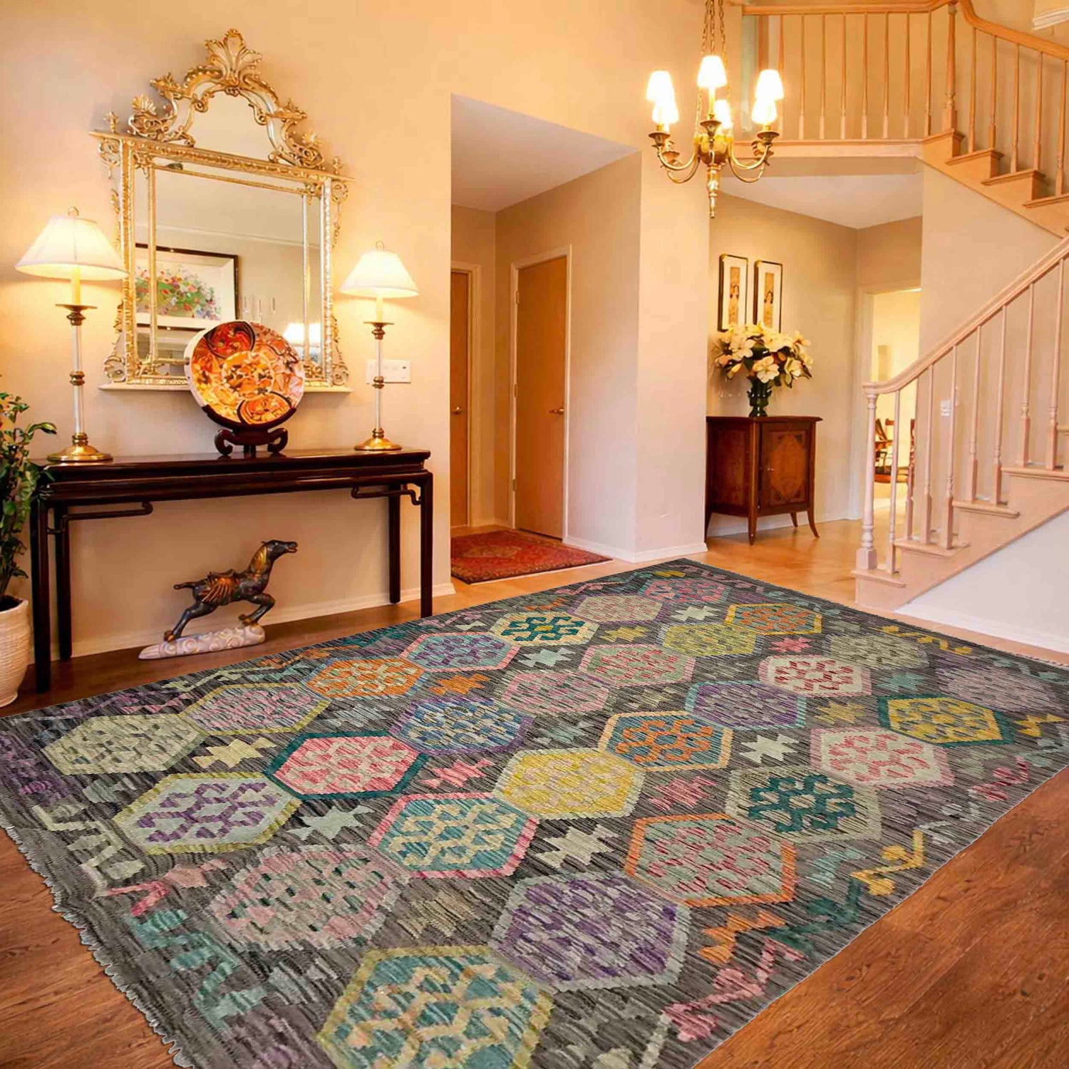 Hand Woven Wool Kelim 5' 9" x 8' 1" ft / 176 x 246 cm - No. Y39443