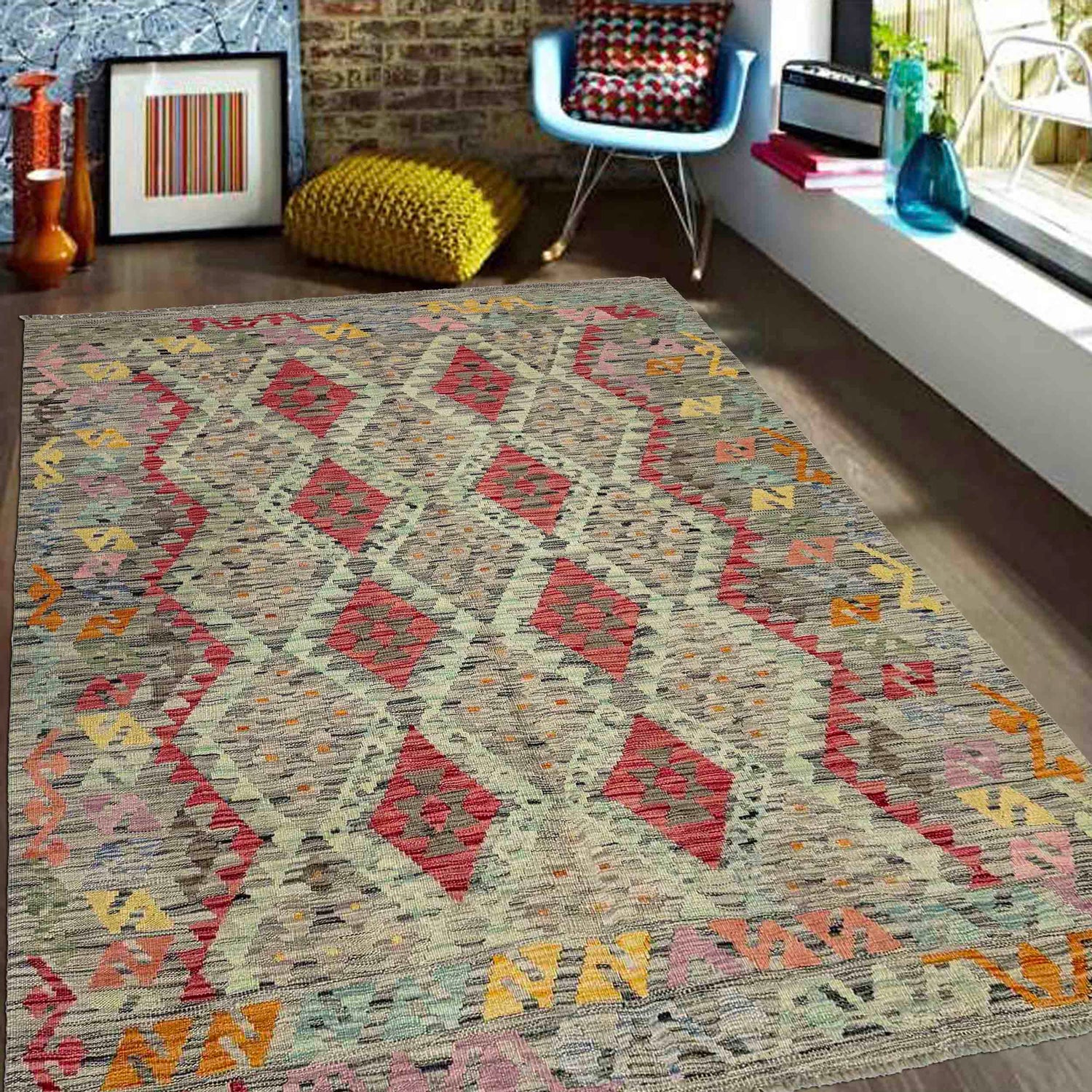Hand Woven Wool Kelim 5' 1" x 6' 6" ft / 155 x 198 cm - No. Y39444