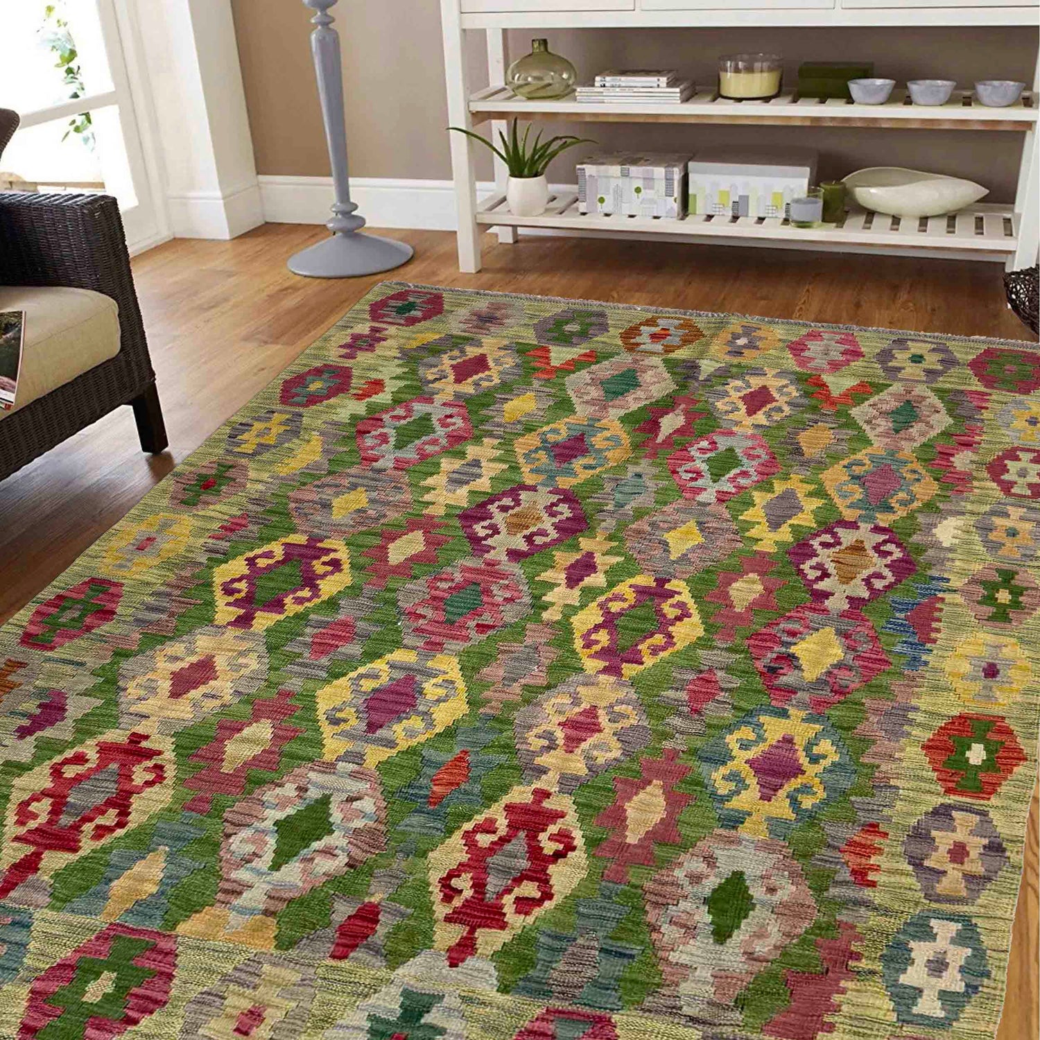Handmade Turkish Design Wool Kilim 5' 3" x 6' 7" ft / 159 x 201 cm - No. Y39447
