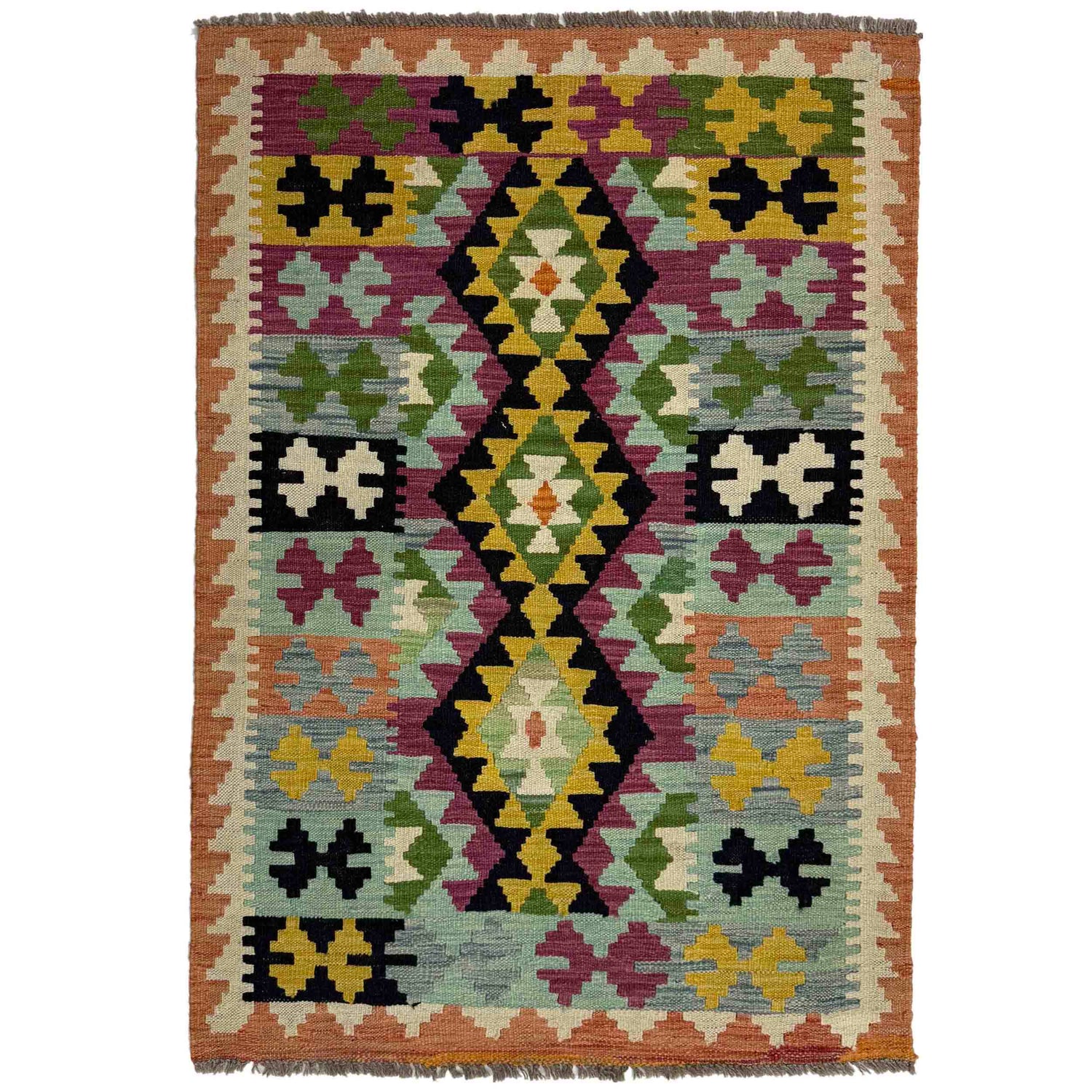 Multi Color ful Flat-Weave Wool Kilim 3' 2" x 4' 10" ft / 96 x 148 cm - No. Y39450