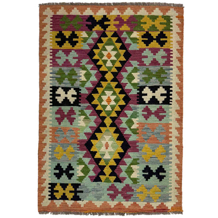 Multi Color ful Flat-Weave Wool Kilim 3' 2" x 4' 10" ft / 96 x 148 cm - No. Y39450