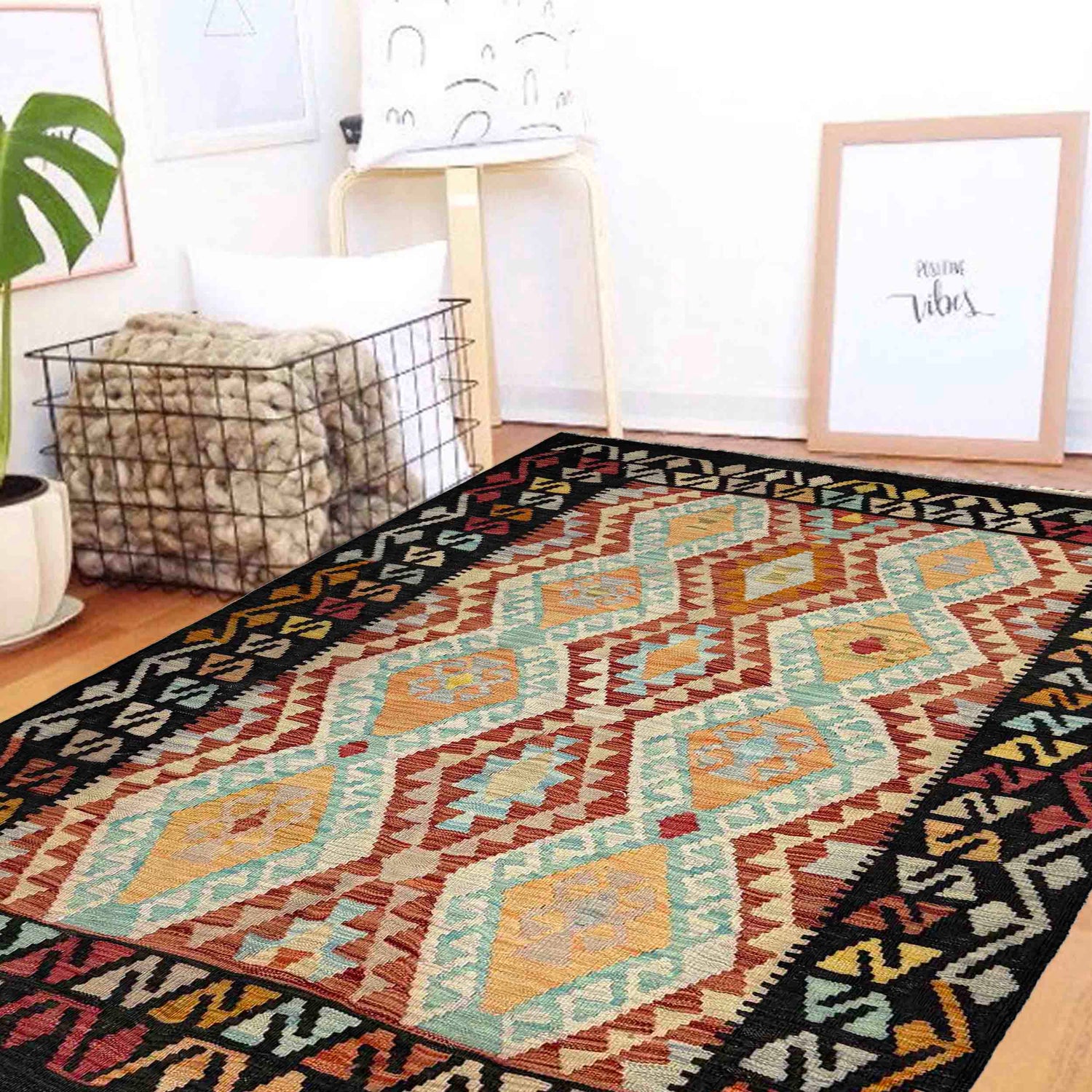 Handmade Turkish Design Wool Kilim 4' 2" x 6' 2" ft / 127 x 189 cm - No. Y39452