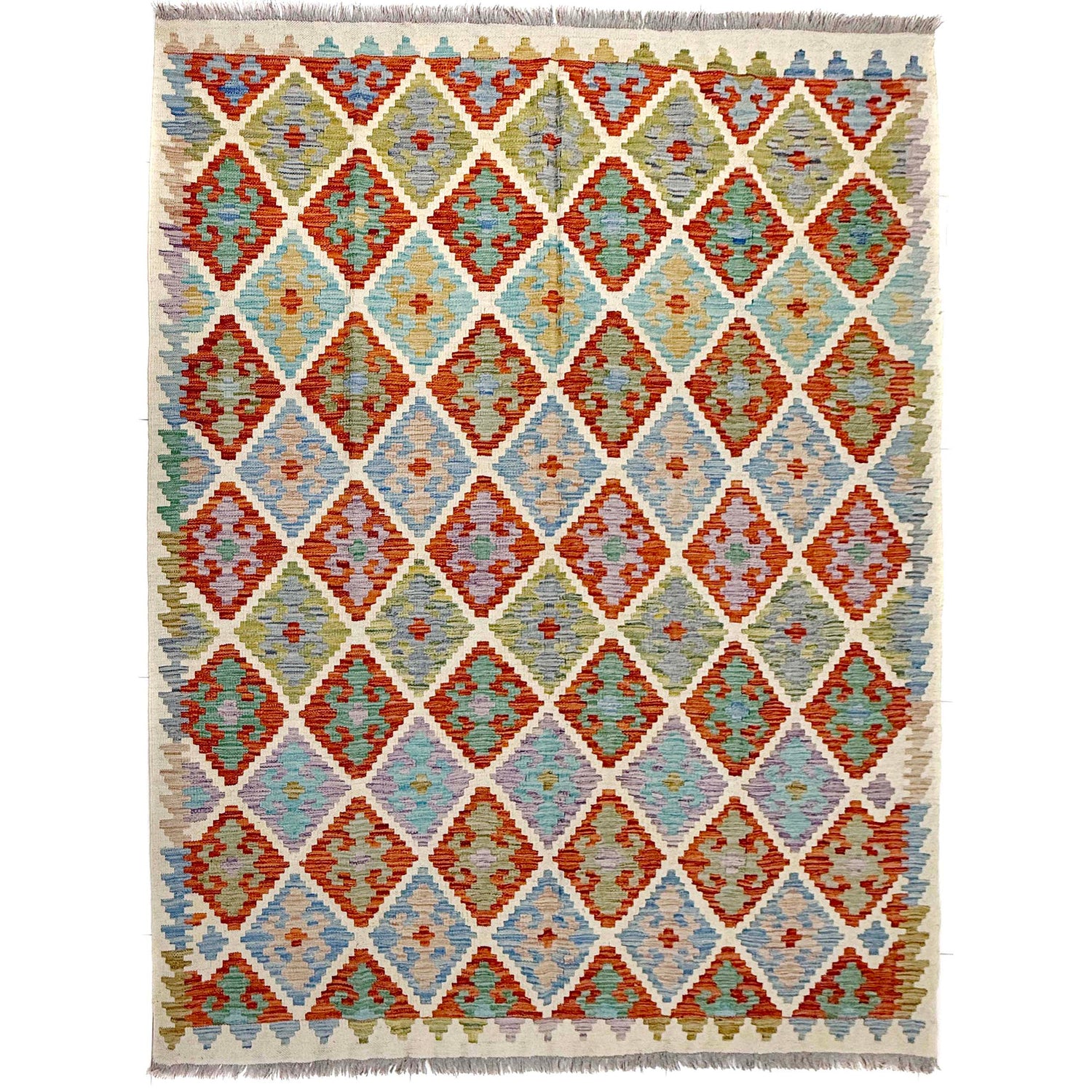 Multi Color ful Flat-Weave Wool Kilim 6' 1" x 7' 11" ft / 186 x 242 cm - No. Y39463