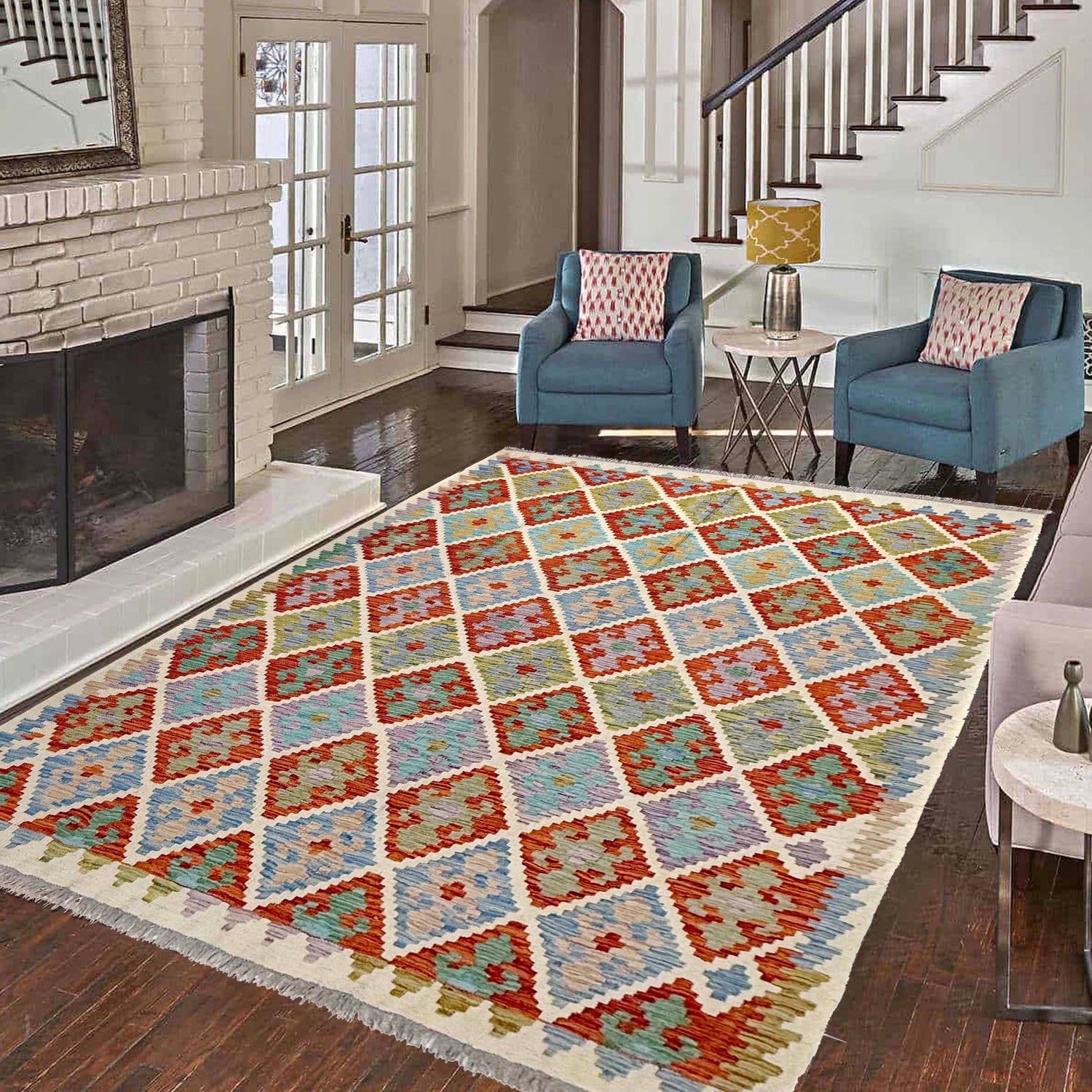 Multi Color ful Flat-Weave Wool Kilim 6' 1" x 7' 11" ft / 186 x 242 cm - No. Y39463