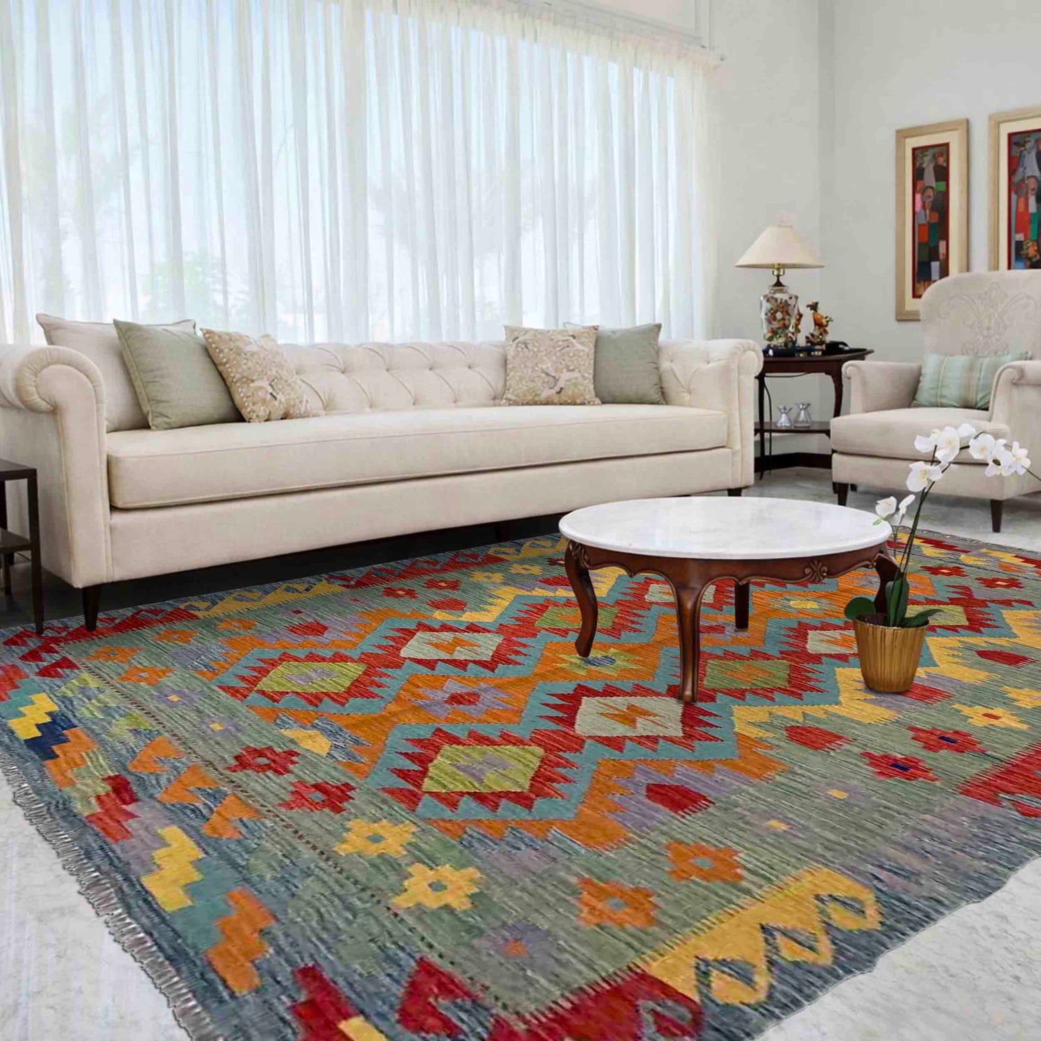 Hand Woven Wool Kelim 5' 7" x 8' 0" ft / 170 x 243 cm - No. Y39468