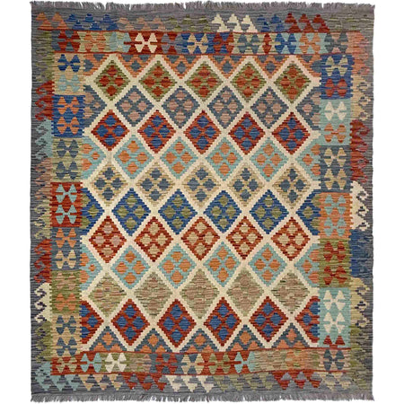 Handmade Afghan Vegetable Kilim 6' 3" x 7' 7" ft / 190 x 230 cm - No. Y39474