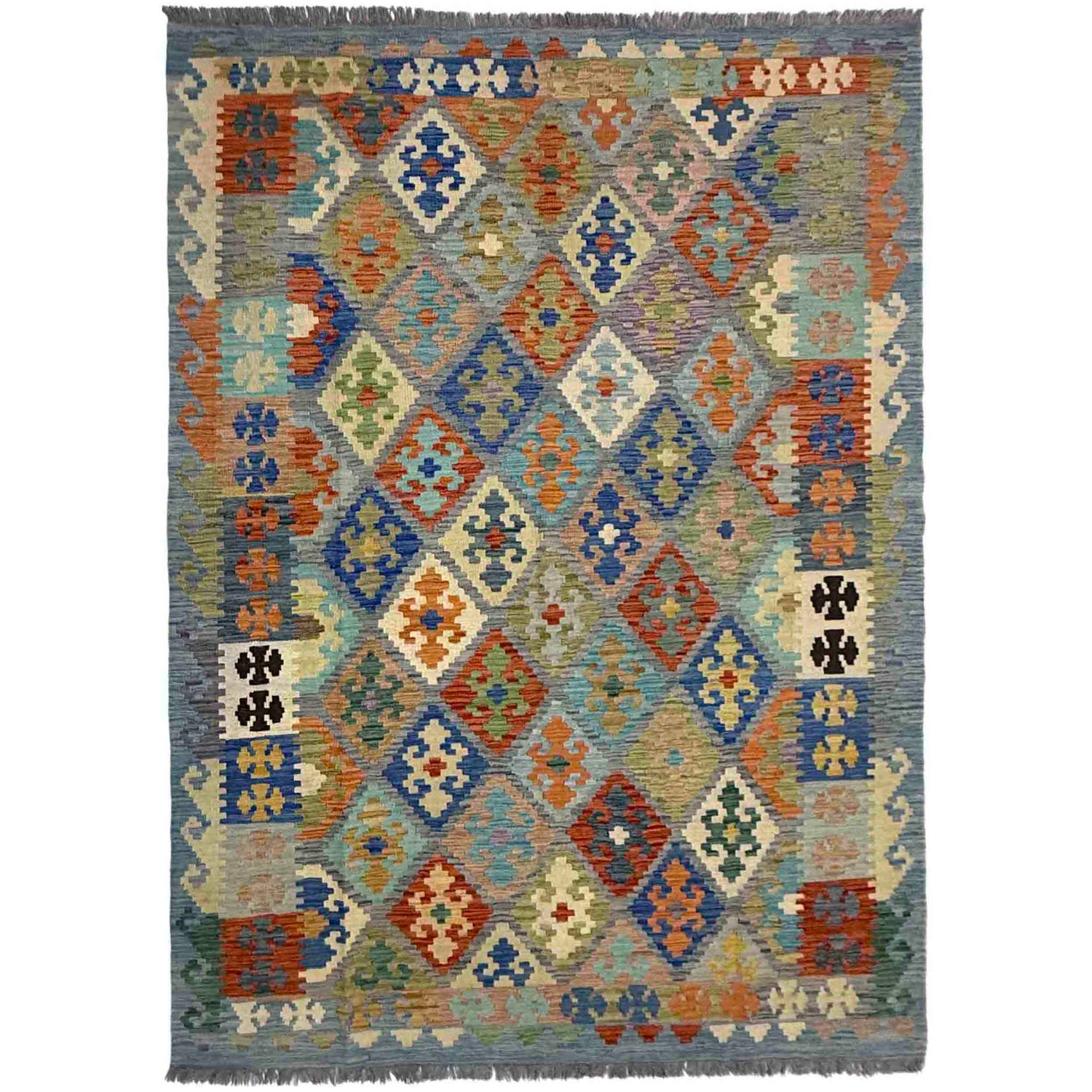 Multi Color ful Flat-Weave Wool Kilim 5' 8" x 8' 5" ft / 173 x 257 cm - No. Y39476