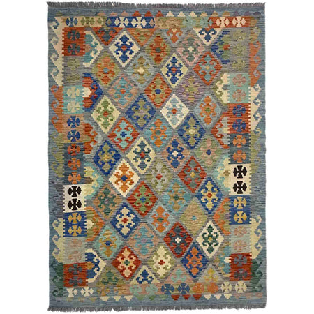 Multi Color ful Flat-Weave Wool Kilim 5' 8" x 8' 5" ft / 173 x 257 cm - No. Y39476