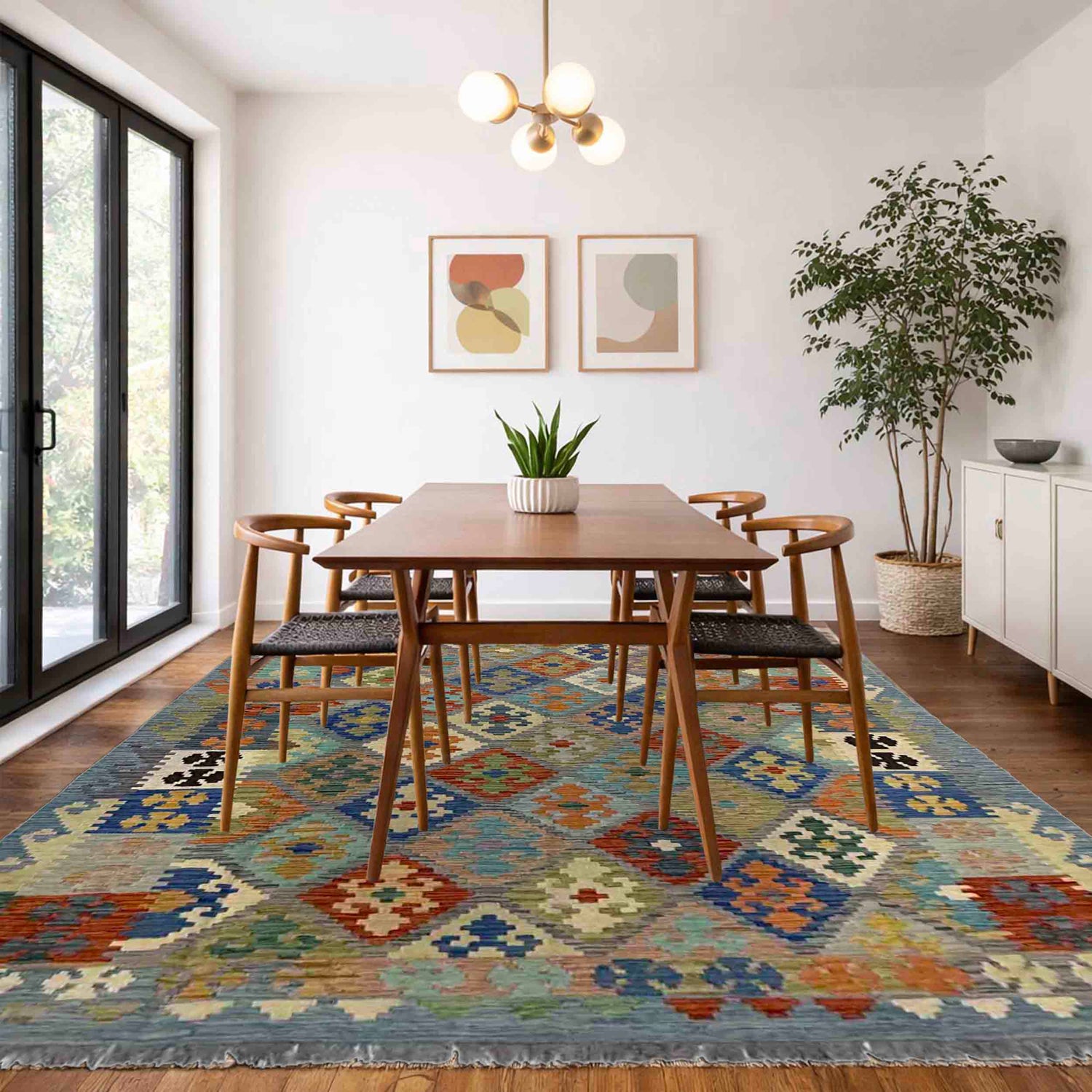 Multi Color ful Flat-Weave Wool Kilim 5' 8" x 8' 5" ft / 173 x 257 cm - No. Y39476