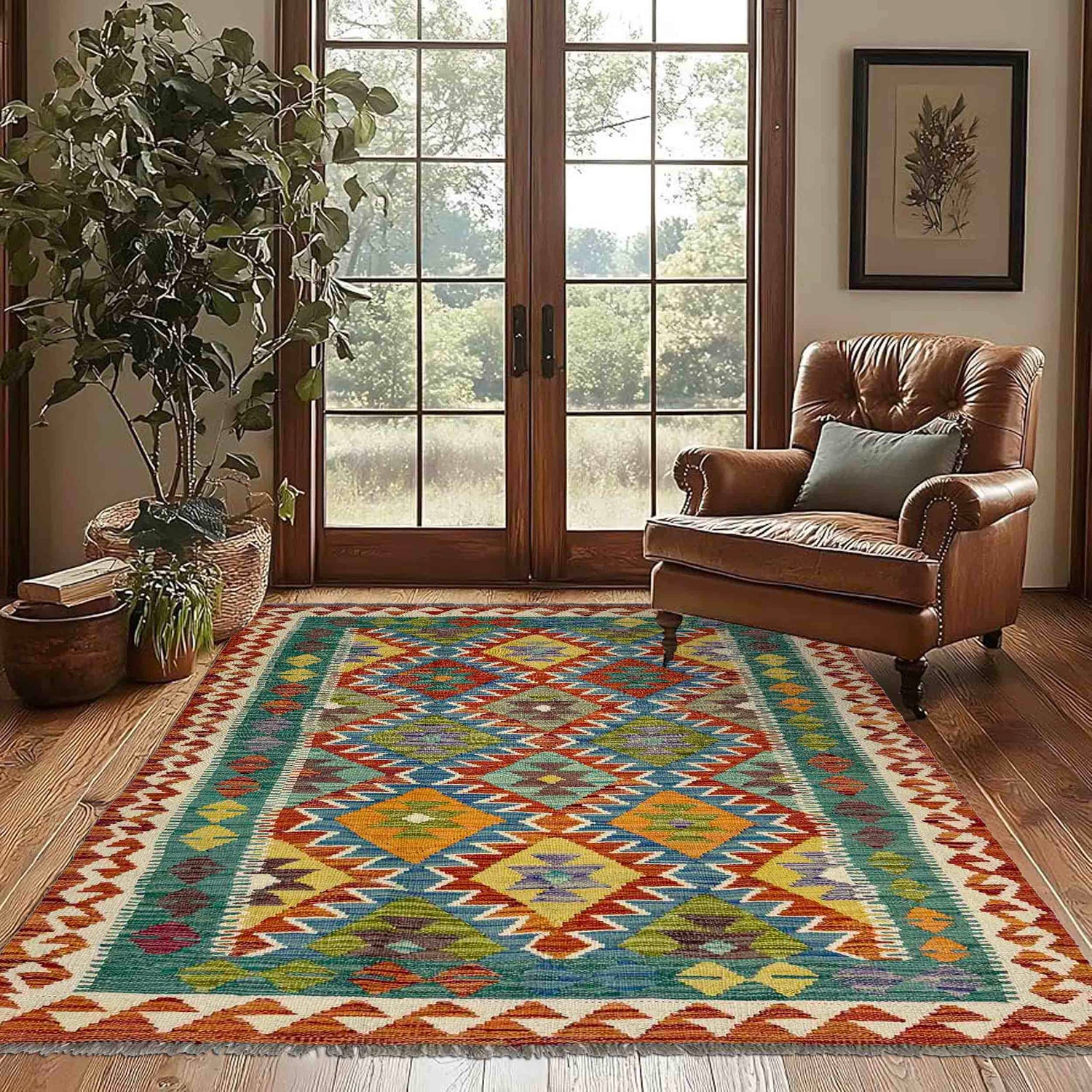 Handmade Afghan Vegetable Kilim 4' 1" x 6' 5" ft / 125 x 196 cm - No. Y39484