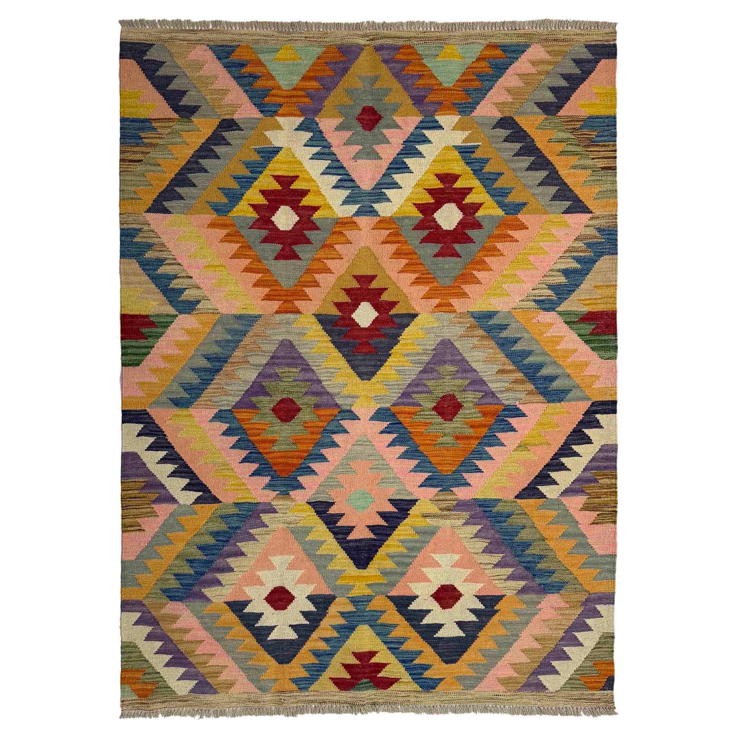 Multi Color ful Flat-Weave Wool Kilim 4' 3" x 5' 11" ft / 130 x 180 cm - No. Y39486