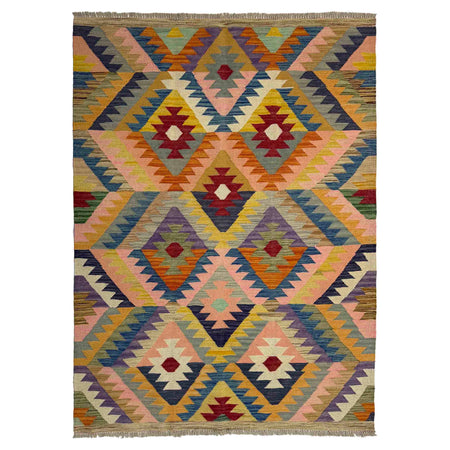 Multi Color ful Flat-Weave Wool Kilim 4' 3" x 5' 11" ft / 130 x 180 cm - No. Y39486