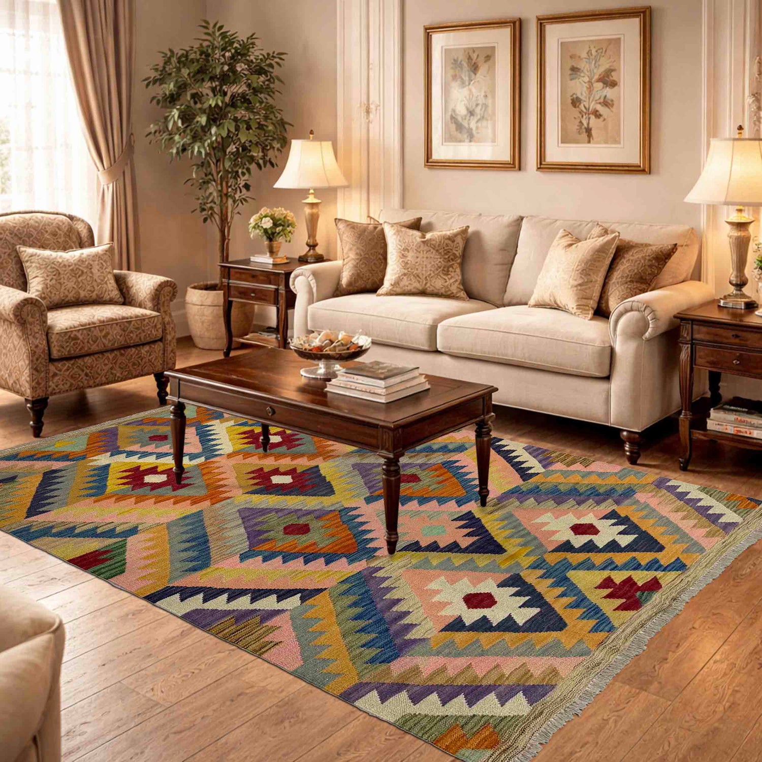 Multi Color ful Flat-Weave Wool Kilim 4' 3" x 5' 11" ft / 130 x 180 cm - No. Y39486