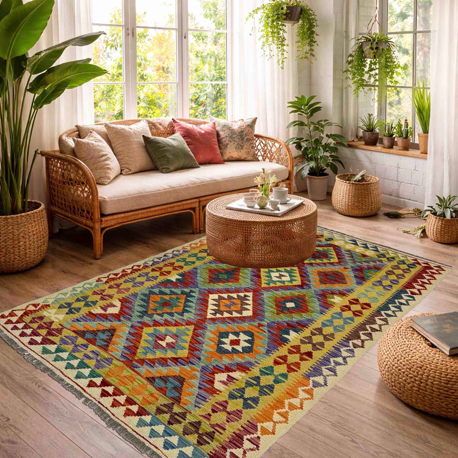 Hand Knotted Afghan Style Kilim 4' 2" x 6' 11" ft / 127 x 210 cm - No. Y39491
