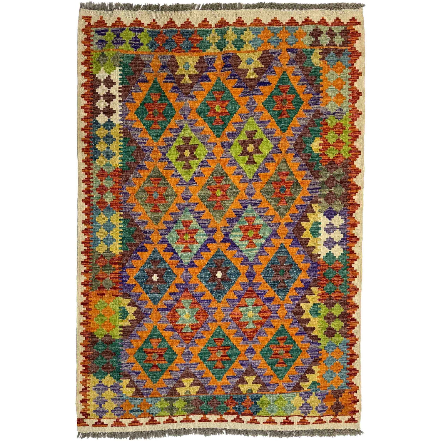 Handmade Afghan Vegetable Kilim 4' 2" x 6' 0" ft / 126 x 184 cm - No. Y39500